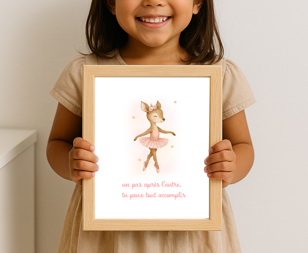 Affiche “Un pas après l’autre” – Biche ballerine en aquarelle, message inspirant pour petite fille