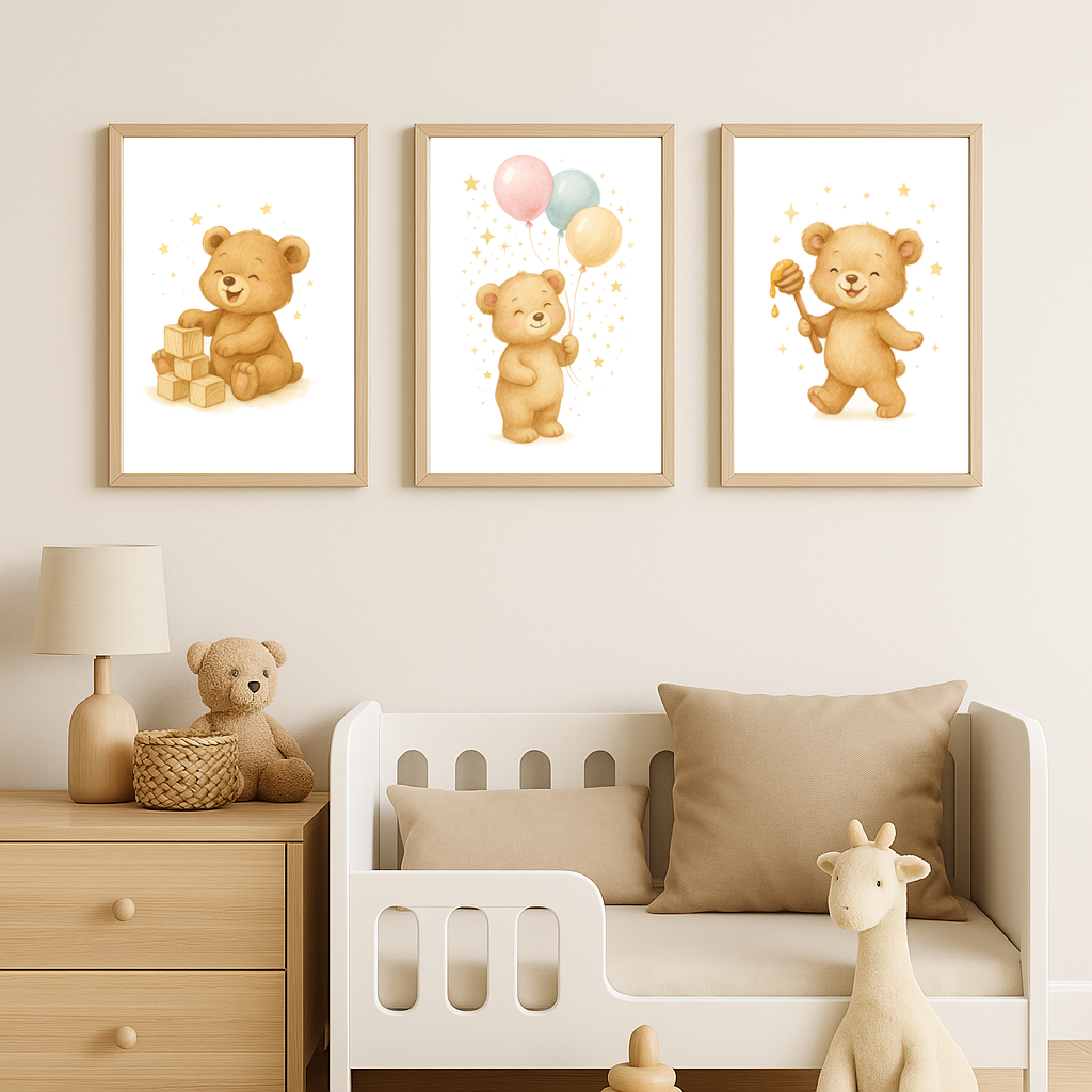 Trio d’affiches A4 “Oursons tendres” – Décoration chambre bébé style aquarelle
