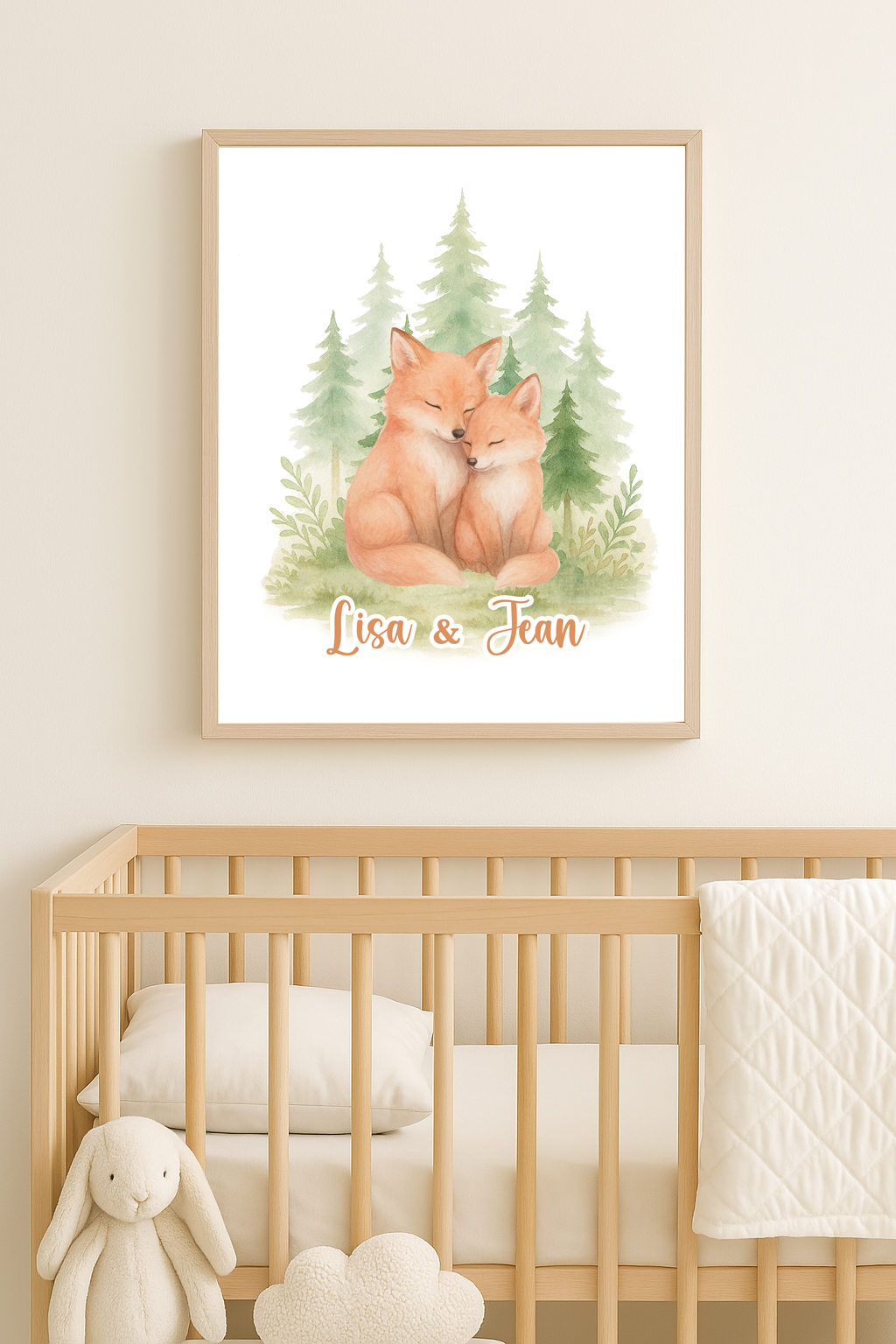 Affiche personnalisée “Renards complices” – Prénoms au choix | Aquarelle forêt