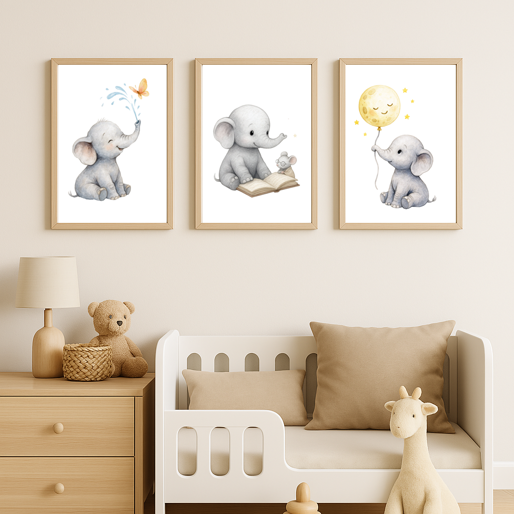 Trio d’affiches A4 “Éléphants poétiques” – Décoration chambre bébé style aquarelle