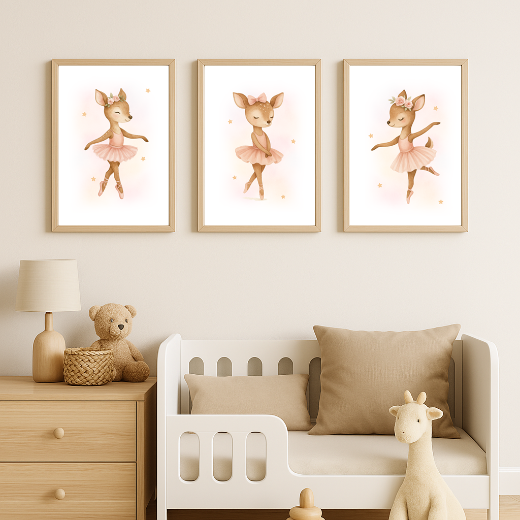 Trio d’affiches A4 “Biches ballerines” – Décoration chambre bébé style aquarelle poétique