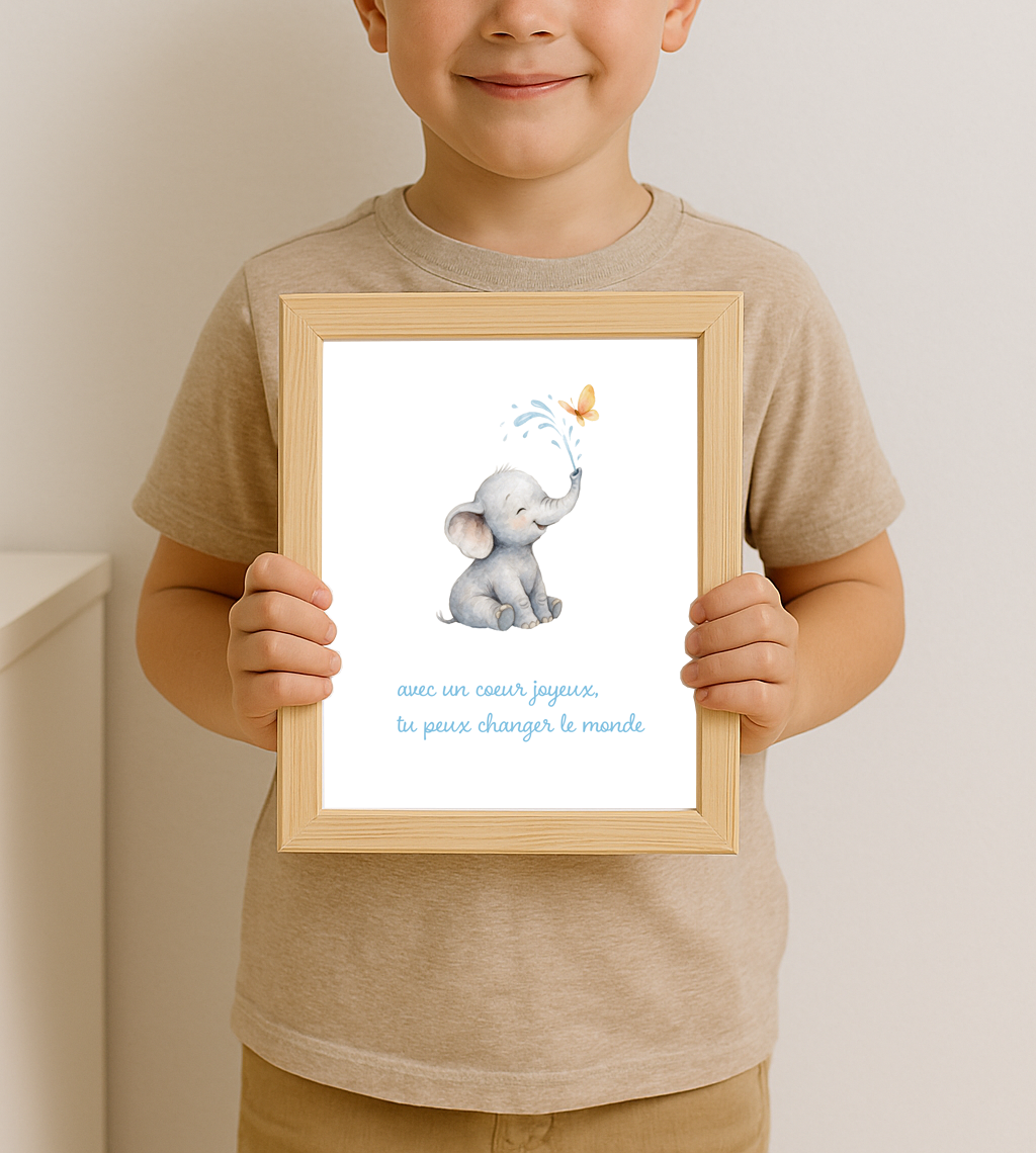 Affiche “Avec un cœur joyeux” – Éléphanteau en aquarelle, message positif