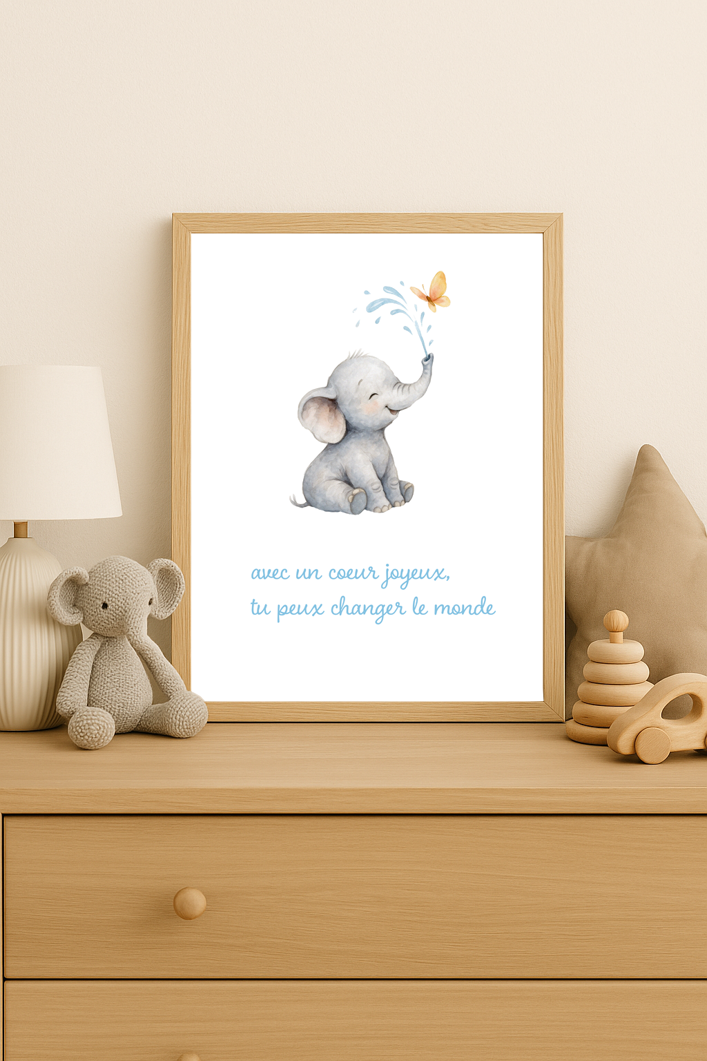 Affiche “Avec un cœur joyeux” – Éléphanteau en aquarelle, message positif