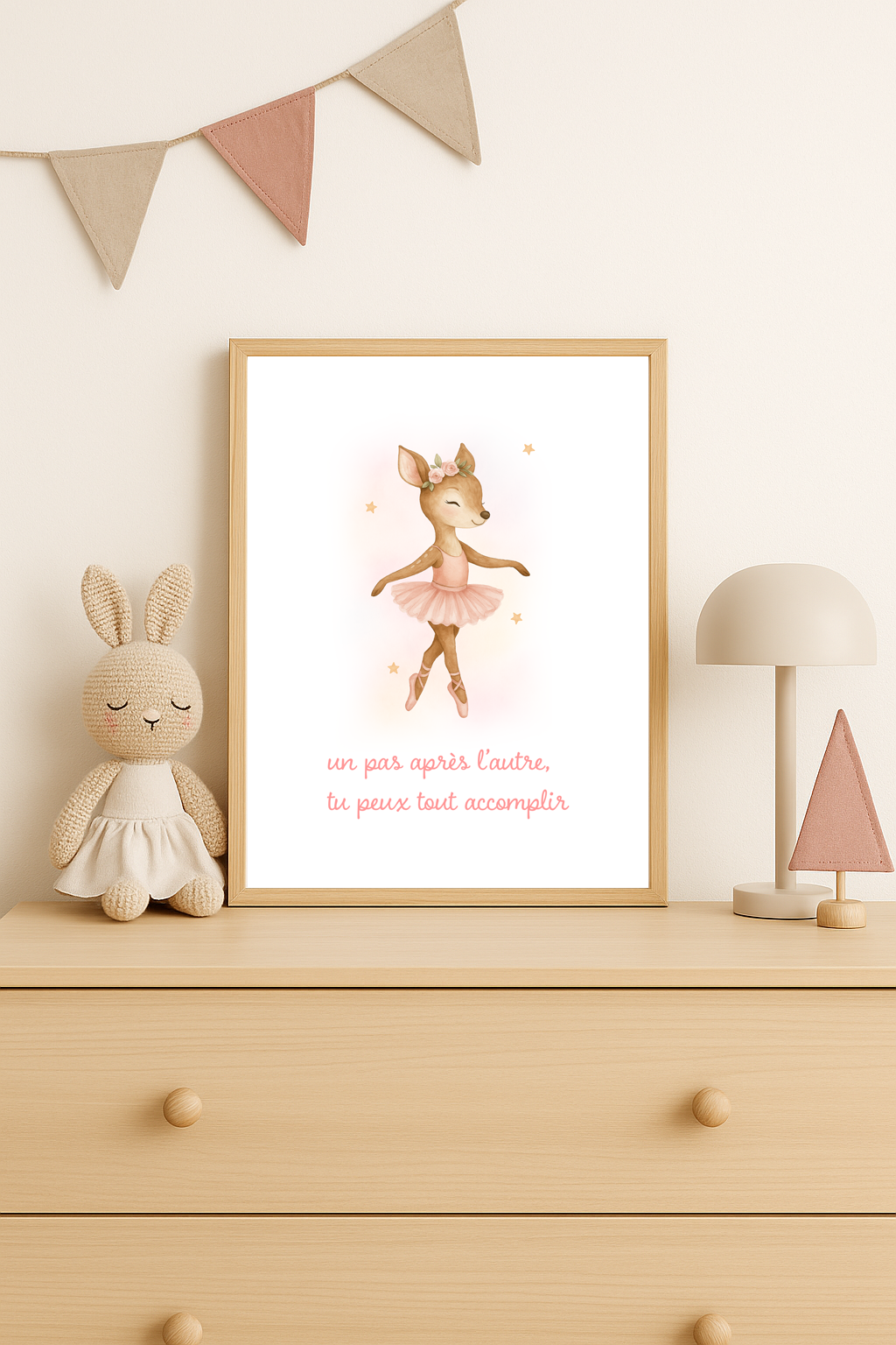 Affiche “Un pas après l’autre” – Biche ballerine en aquarelle, message inspirant pour petite fille