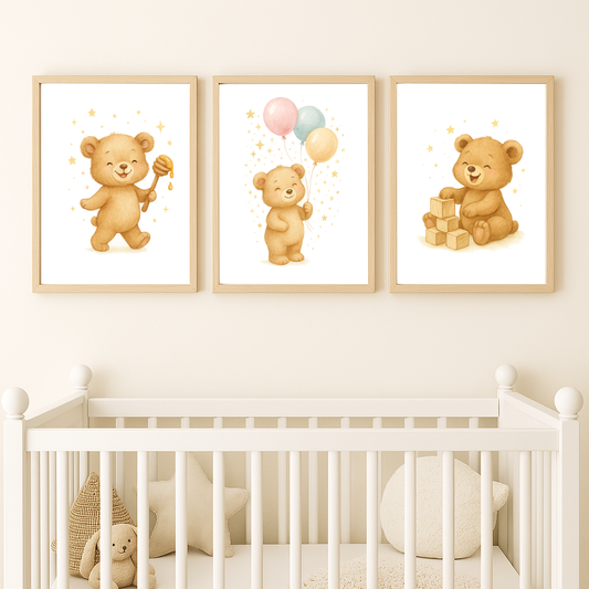 Trio d’affiches A4 “Oursons tendres” – Décoration chambre bébé style aquarelle