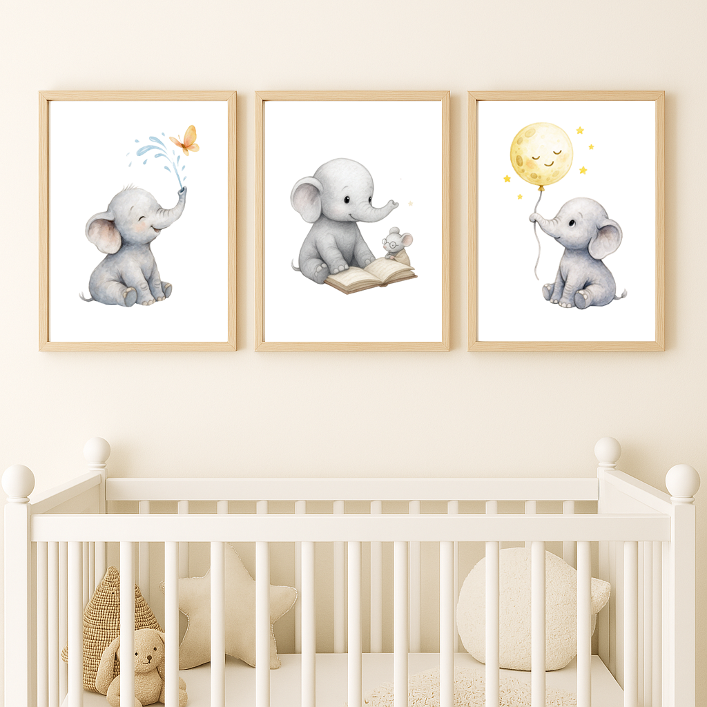 Trio d’affiches A4 “Éléphants poétiques” – Décoration chambre bébé style aquarelle