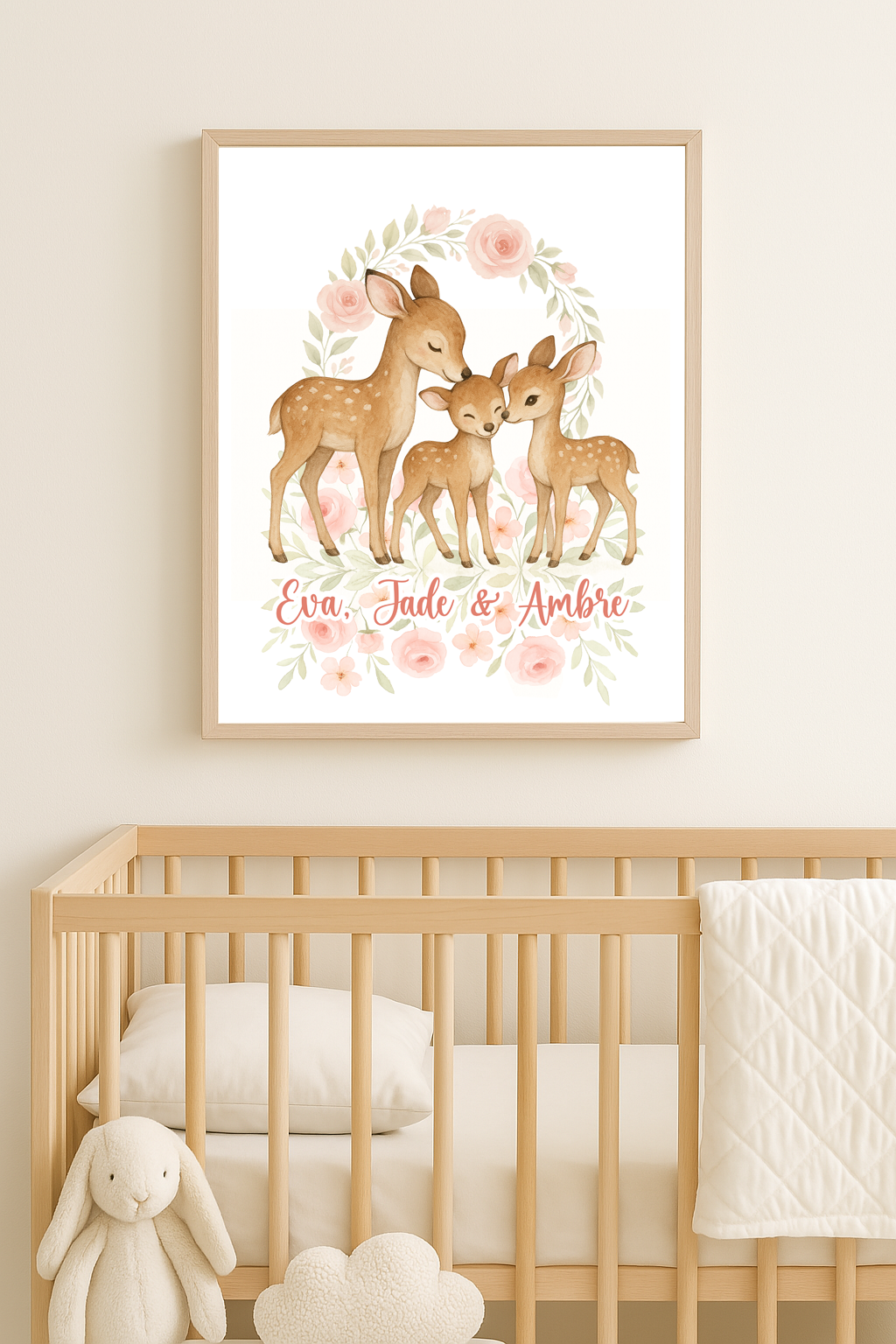 Affiche personnalisée "3 sœurs biches" – Aquarelle douce | Prénoms au choix
