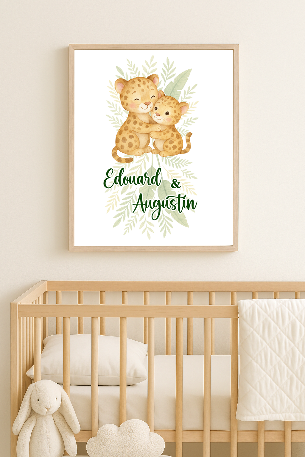 Affiche personnalisée “2 frères jaguars” – Prénoms au choix | Aquarelle douce