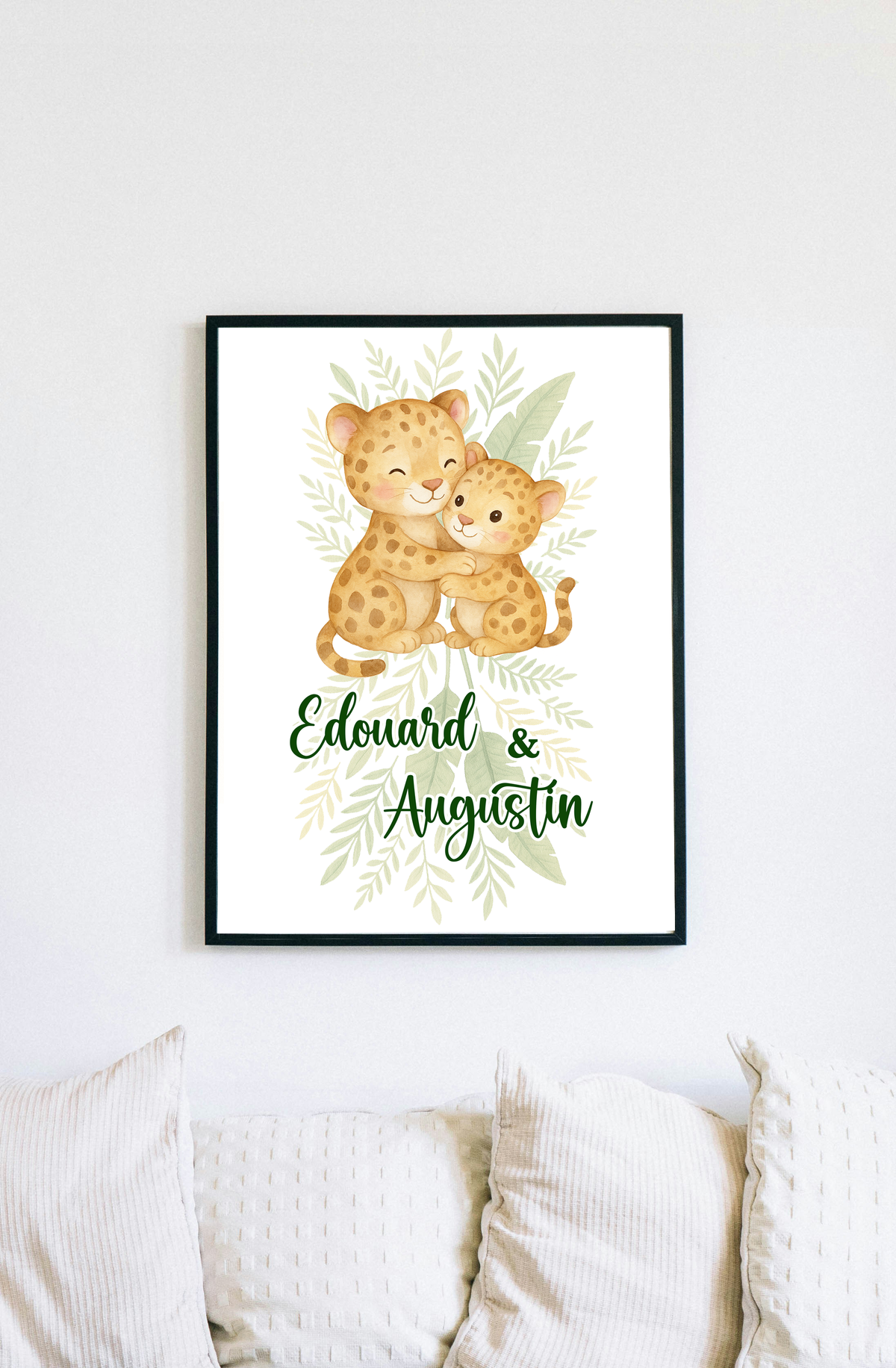 Affiche personnalisée “2 frères jaguars” – Prénoms au choix | Aquarelle douce