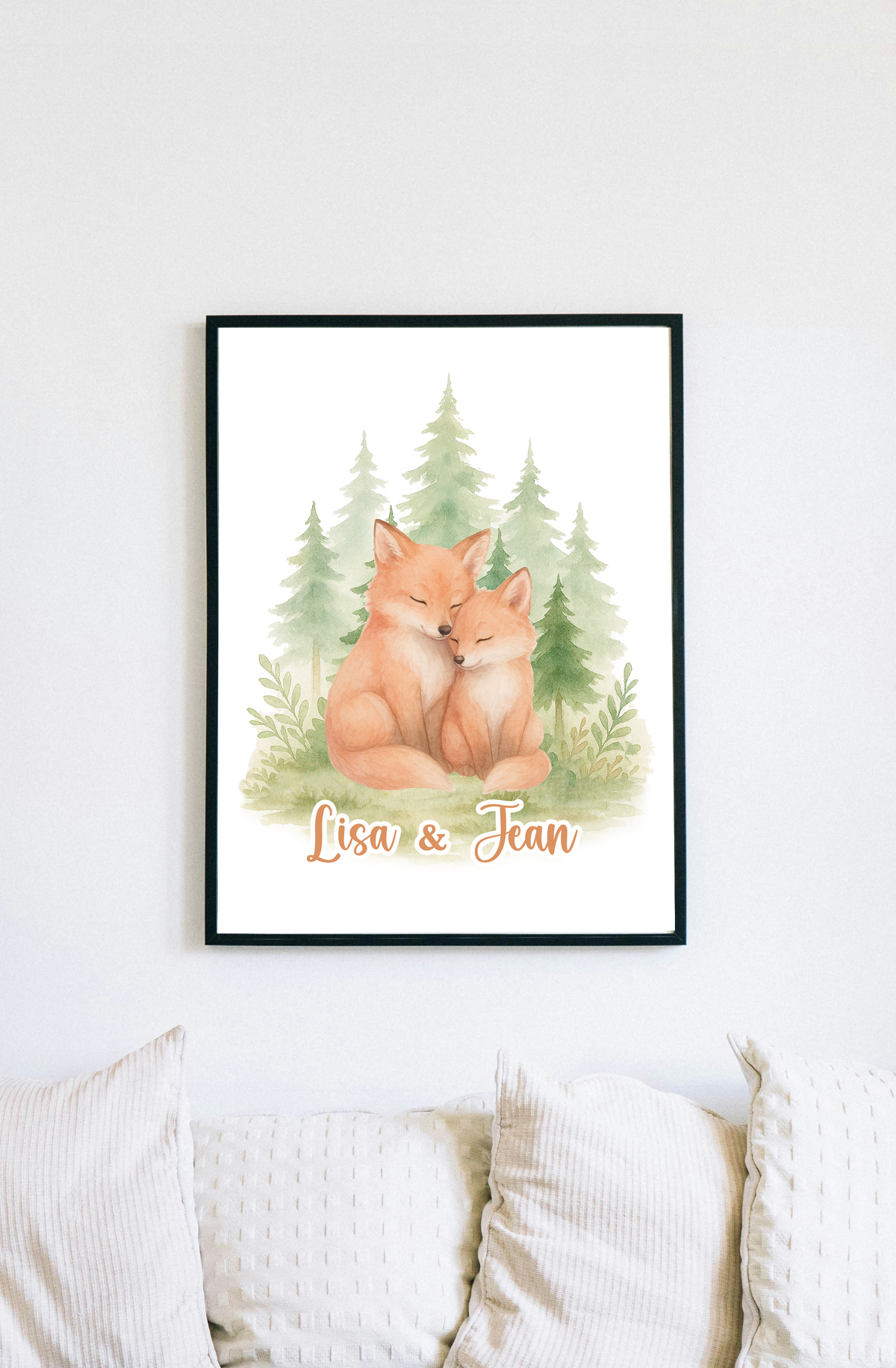 Affiche personnalisée “Renards complices” – Prénoms au choix | Aquarelle forêt