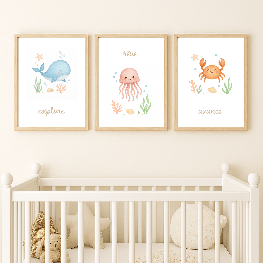 Trio d’affiches “Explore. Rêve. Avance.” – Animaux marins en aquarelle pour chambre d’enfant