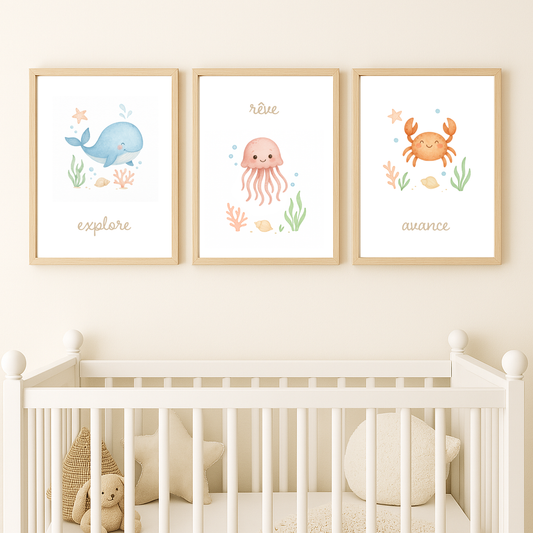 Trio d’affiches “Explore. Rêve. Avance.” – Animaux marins en aquarelle pour chambre d’enfant